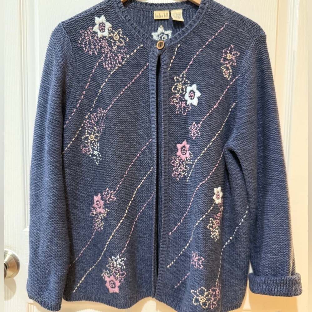 Linden Hill Gray Knit Cardigan with Floral Accents Crochet knitted grandpa